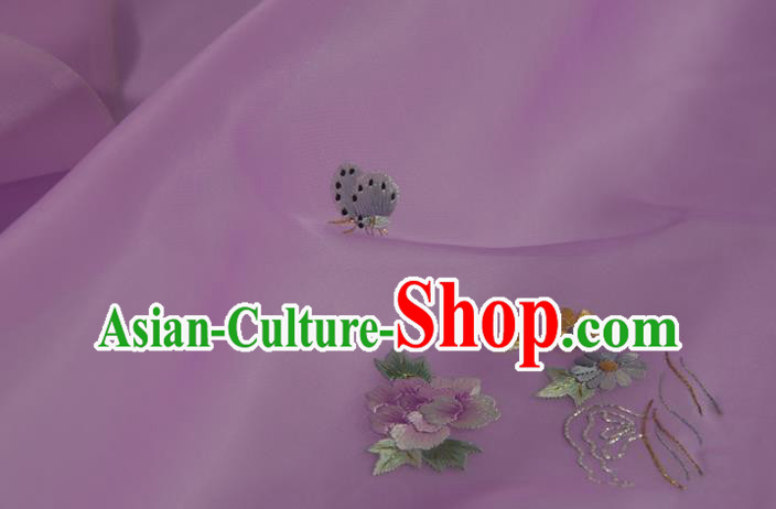 Chinese Suzhou Embroidered Peony Purple Silk Traditional Hanfu Silk Fabric