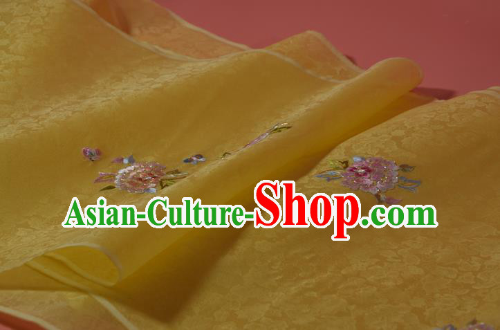 Chinese Embroidered Peony Yellow Silk Material Traditional Hanfu Silk Fabric