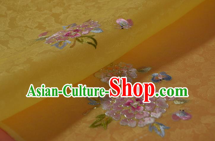 Chinese Embroidered Peony Yellow Silk Material Traditional Hanfu Silk Fabric
