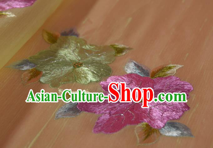 Chinese Embroidered Purple Flowers Silk Material Traditional Hanfu Dress Yellow Silk Fabric