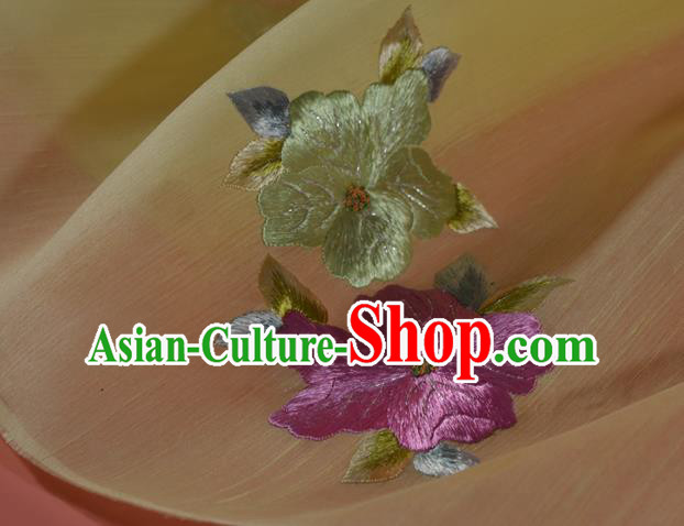 Chinese Embroidered Purple Flowers Silk Material Traditional Hanfu Dress Yellow Silk Fabric