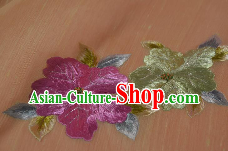 Chinese Embroidered Purple Flowers Silk Material Traditional Hanfu Dress Yellow Silk Fabric