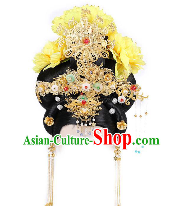 Chinese Ancient Court Woman Wig Sheath Traditional Tang Dynasty Wigs Chignon and Hair Accessories