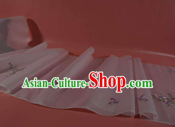 Chinese Classical Butterfly Plum Pattern Silk Material Traditional Hanfu Dress Embroidered Light Pink Silk Fabric