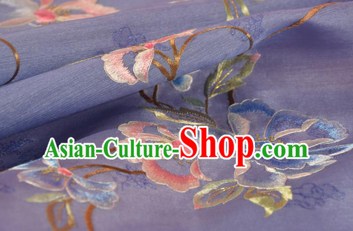 Chinese Traditional Hanfu Purple Silk Fabric Classical Embroidered Flowers Silk Material