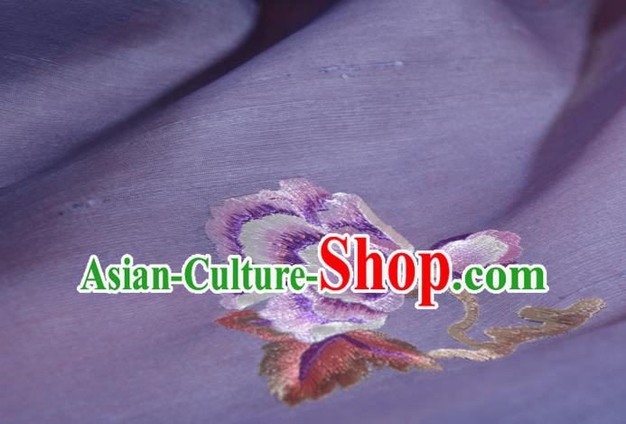 Chinese Traditional Hanfu Dark Purple Silk Fabric Classical Embroidered Peony Silk Material