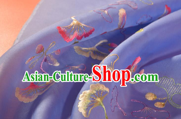 Chinese Classical Lilac Silk Fabric Traditional Hanfu Embroidered Ginkgo Leaf Silk Material