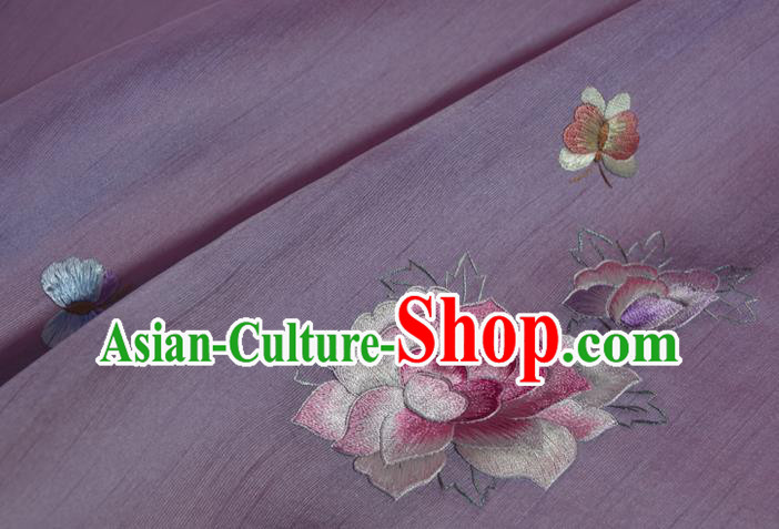 Chinese Classical Light Purple Silk Fabric Traditional Hanfu Embroidered Peony Butterfly Silk Material