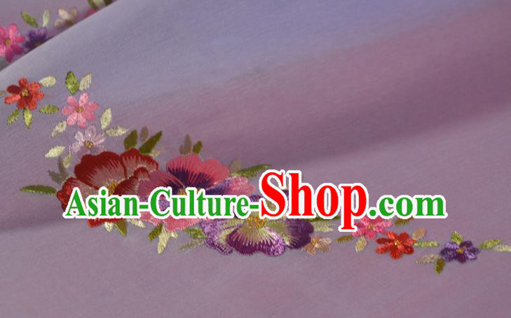 Chinese Classical Violet Silk Fabric Traditional Hanfu Embroidered Camellia Silk Material