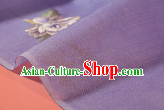 Chinese Classical Natural Silk Material Traditional Hanfu Embroidered Purple Peony Silk Fabric