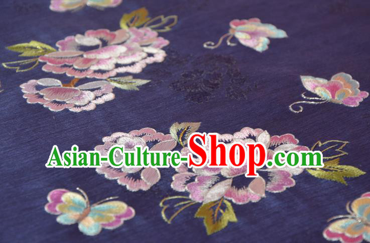 Chinese Classical Dark Purple Natural Silk Material Traditional Hanfu Embroidered Peony Flowers Silk Fabric