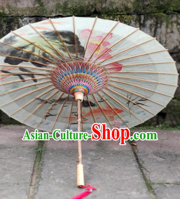 Traditional China White Oil Paper Umbrella Handmade Umbrellas Artware Ink Painting Lotus Fishes Umbrella