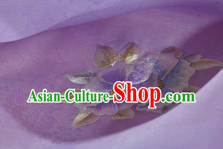 Traditional Korean Hanbok Dress Lilac Silk Fabric Handmade Embroidered Camellia Silk Cloth