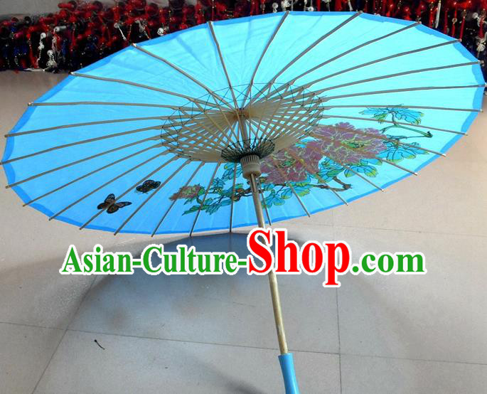 Chinese Classical Painting Peony Umbrella Wedding Umbrellas Traditional Hanfu Blue Silk Umbrella