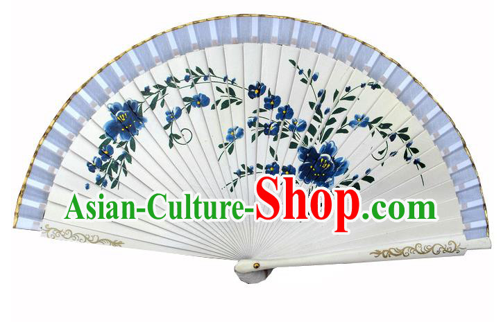Handmade China Traditional Printing Blue Flowers Folding Fan Wood Fan Silk Accordion