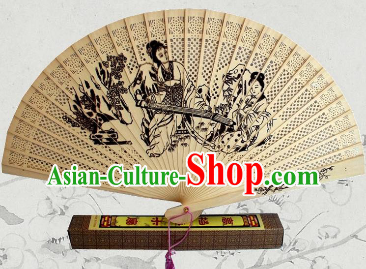 Handmade China Ink Painting Palace Beauty Accordion Traditional Sandalwood Folding Fan Wood Fan
