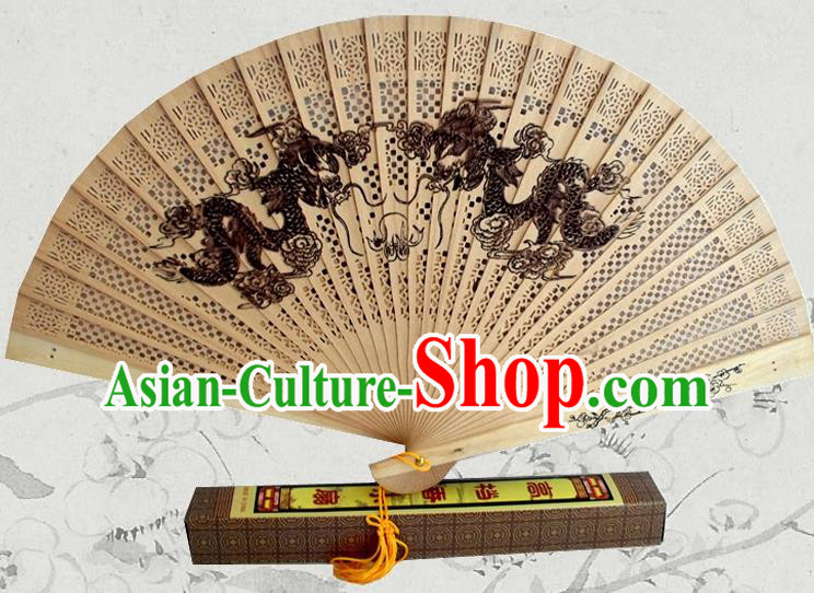 Handmade China Pierced Wood Fan Ink Painting Dragons Accordion Traditional Sandalwood Folding Fan
