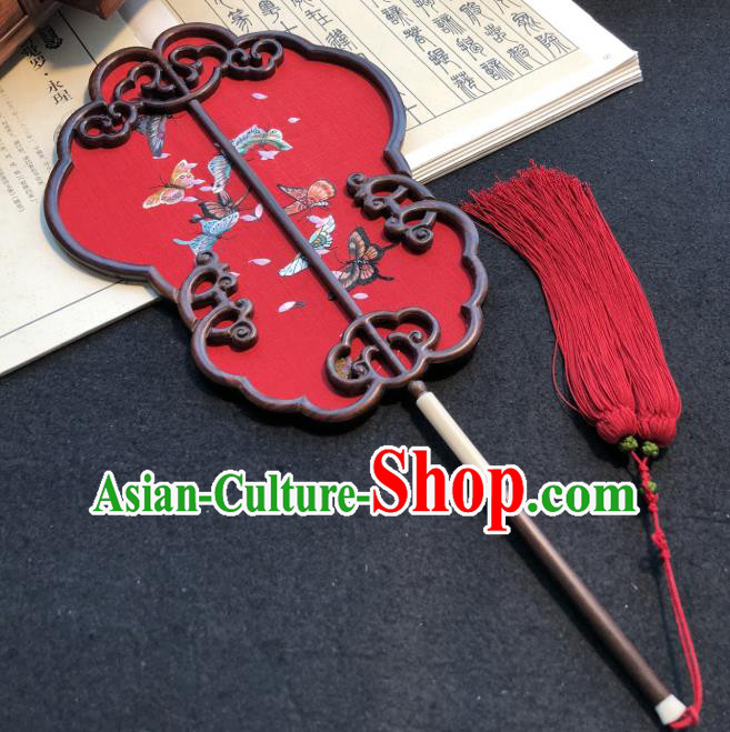 Handmade China Embroidered Red Silk Fan Traditional Wedding Fan Embroidery Butterfly Palace Fan