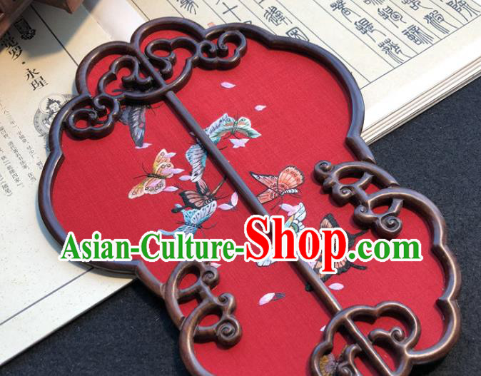 Handmade China Embroidered Red Silk Fan Traditional Wedding Fan Embroidery Butterfly Palace Fan
