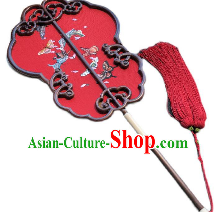 Handmade China Embroidered Red Silk Fan Traditional Wedding Fan Embroidery Butterfly Palace Fan