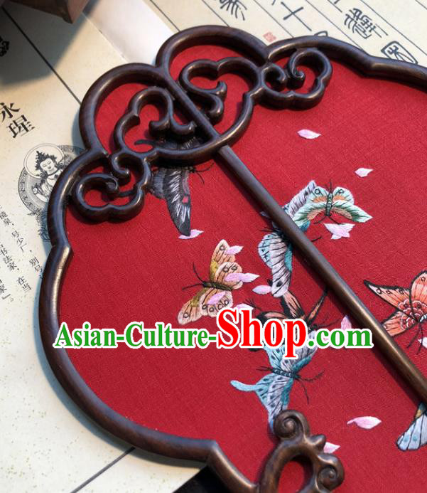 Handmade China Embroidered Red Silk Fan Traditional Wedding Fan Embroidery Butterfly Palace Fan