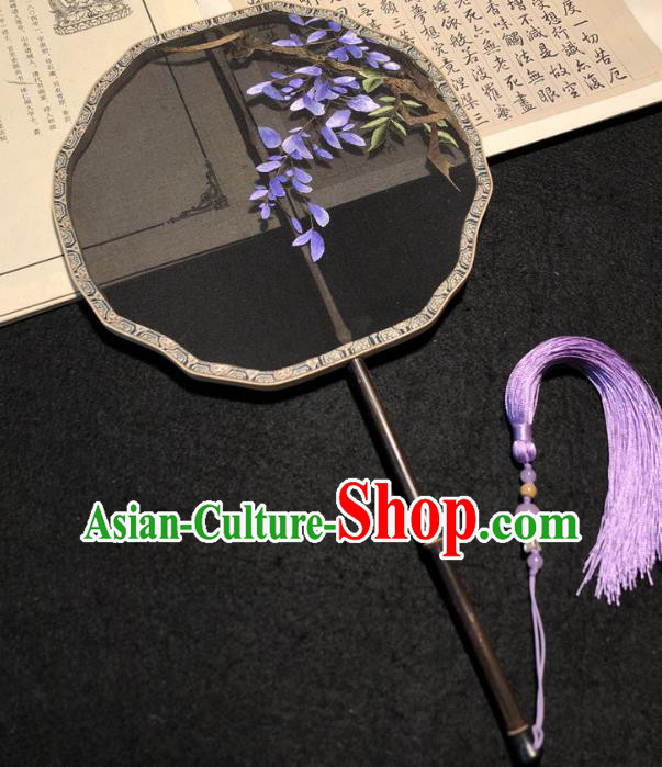 Handmade China Traditional Princess Fan Embroidery Wisteria Palace Fan Embroidered Black Silk Fan