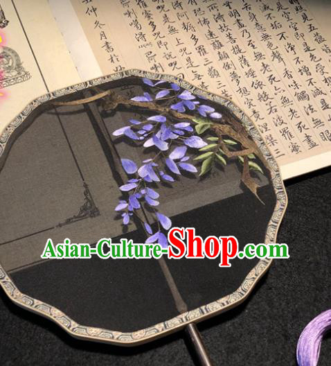 Handmade China Traditional Princess Fan Embroidery Wisteria Palace Fan Embroidered Black Silk Fan