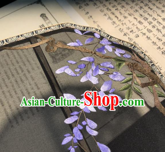 Handmade China Traditional Princess Fan Embroidery Wisteria Palace Fan Embroidered Black Silk Fan