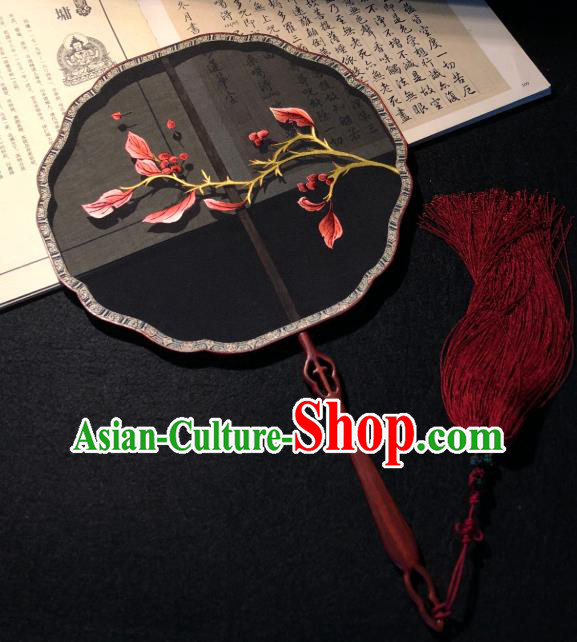 Handmade China Embroidered Black Silk Fan Traditional Princess Fan Embroidery Palace Fan