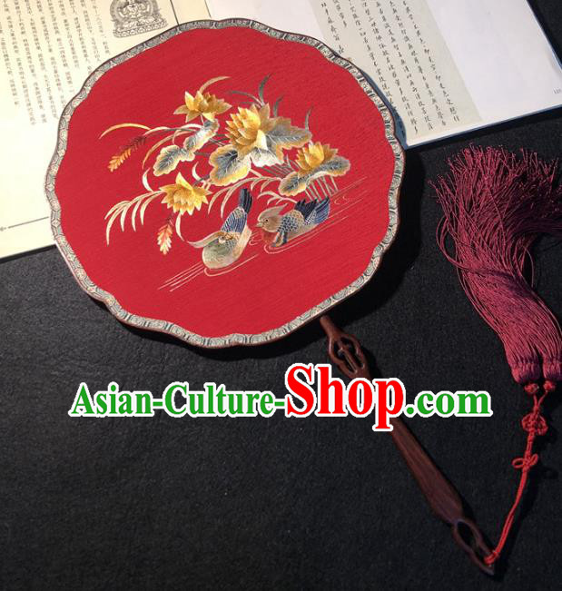 Handmade China Wedding Palace Fan Classical Dance Red Silk Fan Traditional Princess Embroidered Mandarin Duck Fan