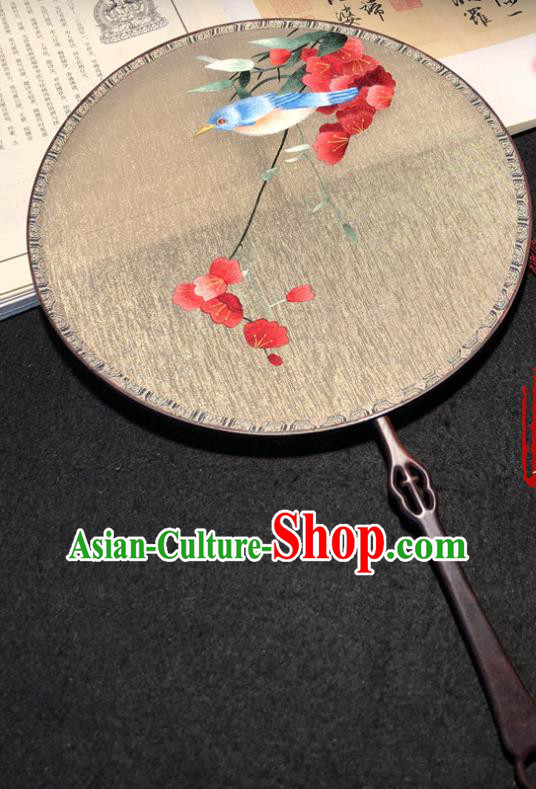 Handmade China Princess Palace Fan Classical Dance Silk Fan Traditional Embroidered Plum Bird Circular Fan
