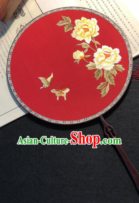 Handmade China Wedding Palace Fan Traditional Embroidered Peony Butterfly Circular Fan Classical Dance Red Silk Fan