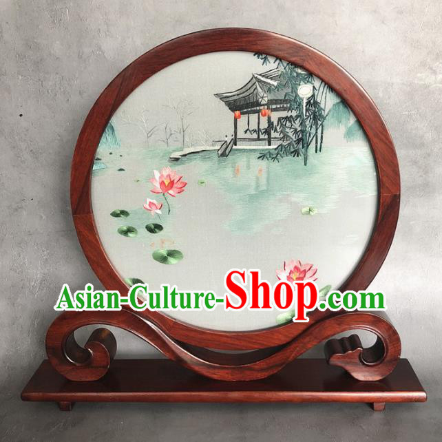 China Embroidered Lotus Desk Screen Suzhou Embroidery Silk Craft Handmade Rosewood Table Ornament