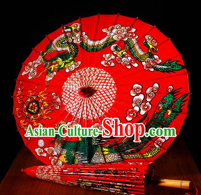 Traditional China Classical Printing Dragon Phoenix Paper Umbrella Handmade Umbrellas Artware Wedding Red Oil Paper Umbrella