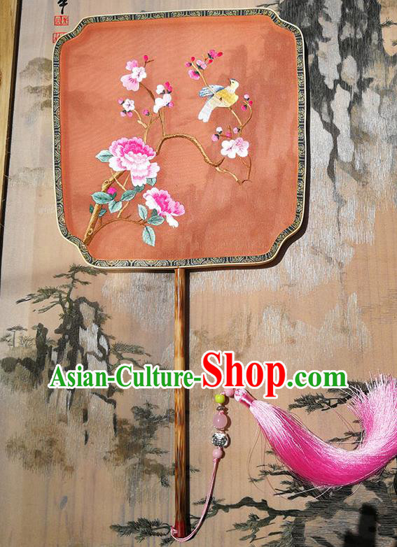 China Handmade Red Silk Fans Traditional Song Dynasty Hanfu Fan Embroidered Plum Peony Palace Fan