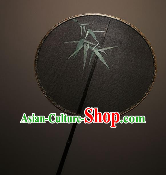 China Classical Bamboo Pattern Palace Fan Traditional Song Dynasty Hanfu Circular Fan Handmade Black Silk Fans