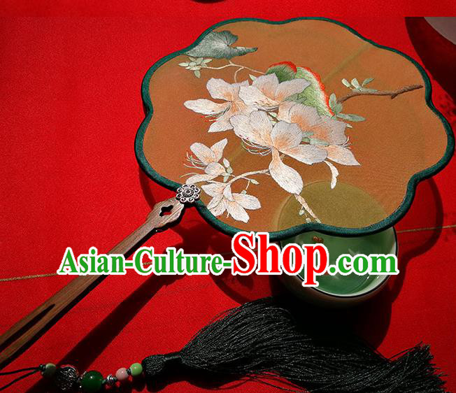 China Traditional Embroidered Mangnolia Fan Classical Palace Fan Handmade Song Dynasty Ginger Silk Fans