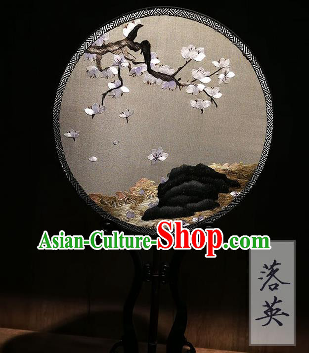 China Classical Dance Palace Fan Traditional Embroidered Sakura Circular Fan Handmade Double Sides Grey Silk Fan