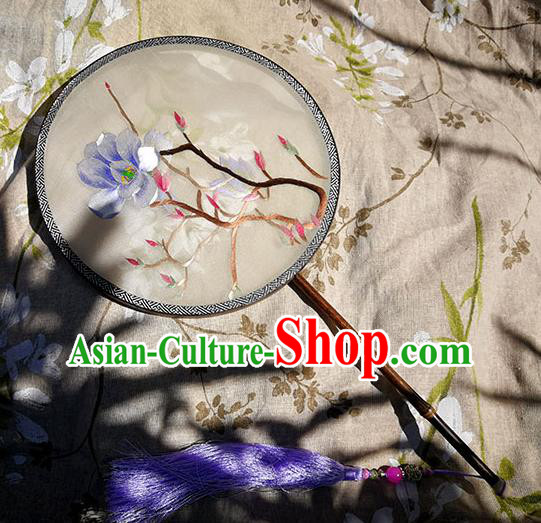 China Traditional Double Sides Embroidered Mangnolia Circular Fan Handmade White Silk Fan Classical Dance Palace Fan