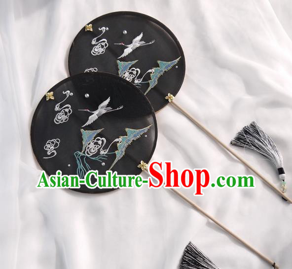 China Handmade Black Silk Circular Fan Traditional Hanfu Fan Embroidered Crane Palace Fan