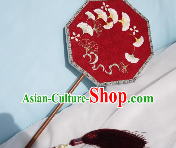 China Embroidered Ginkgo Leaf Palace Fan Handmade Red Silk Octagon Fan Traditional Hanfu Fan