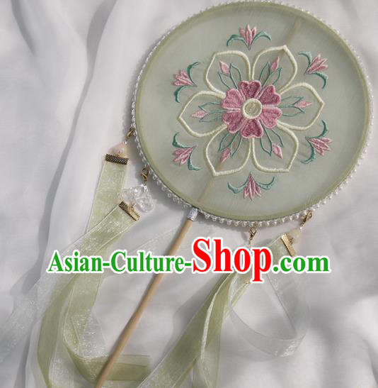 China Ancient Princess Embroidered Palace Fan Handmade Light Green Silk Circular Fan Traditional Tang Dynasty Hanfu Fan