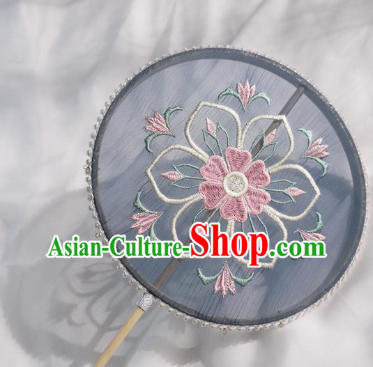China Traditional Tang Dynasty Princess Fan Handmade Embroidered Palace Fan Navy Silk Circular Fan