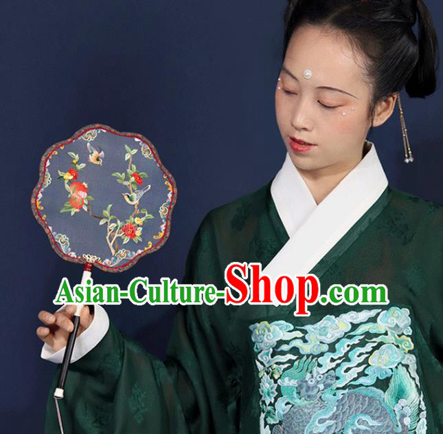 China Embroidered Palace Fan Handmade Wedding Blue Silk Fan Traditional Ming Dynasty Princess Fan