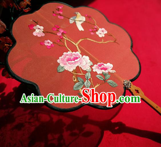 Handmade China Classical Palace Fan Traditional Hanfu Fans Wedding Red Silk Fan Embroidered Peony Fan