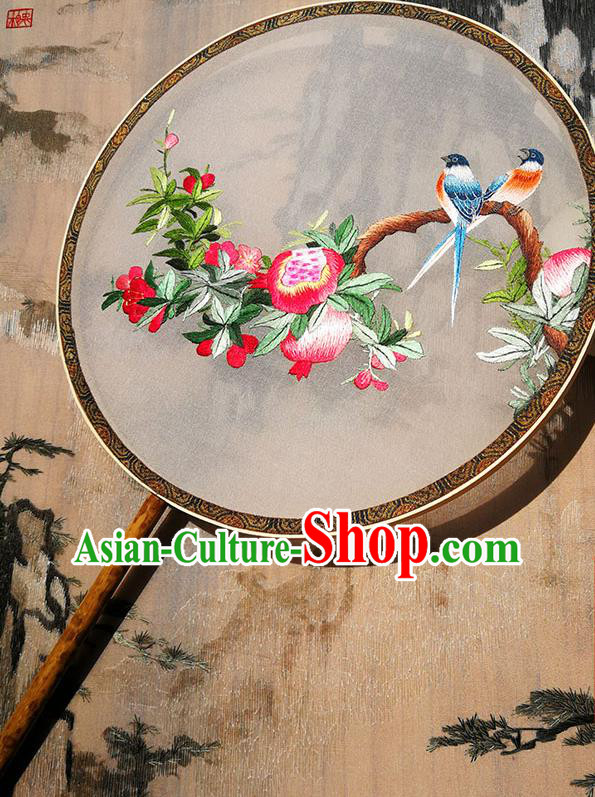 Handmade China Traditional Hanfu White Silk Fan Circular Fan Palace Fan Embroidered Pomegranate Birds Fan