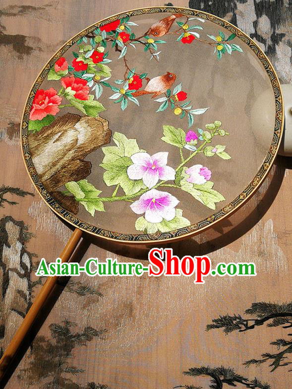 China Traditional Hanfu Silk Fan Circular Fan Embroidered Flowers Birds Fan Handmade Palace Fan