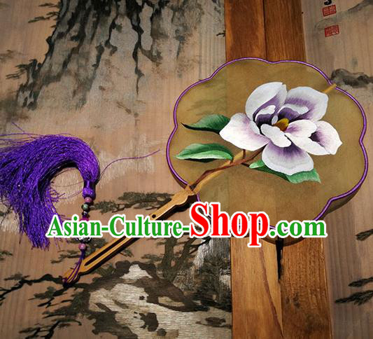 China Handmade Yellow Silk Fans Traditional Hanfu Fan Palace Fan Embroidered Camellia Fan