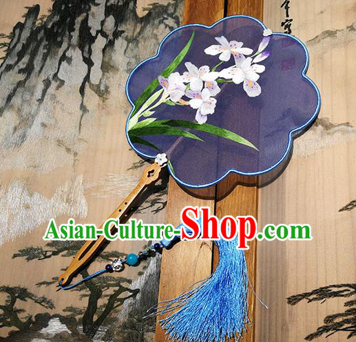 China Handmade Purple Silk Fans Traditional Hanfu Fan Palace Fan Embroidered Orchids Fan