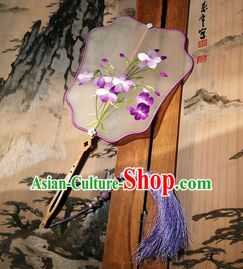 China Embroidered Purple Flowers Fan Traditional Hanfu Fan Handmade Silk Fans Palace Fan
